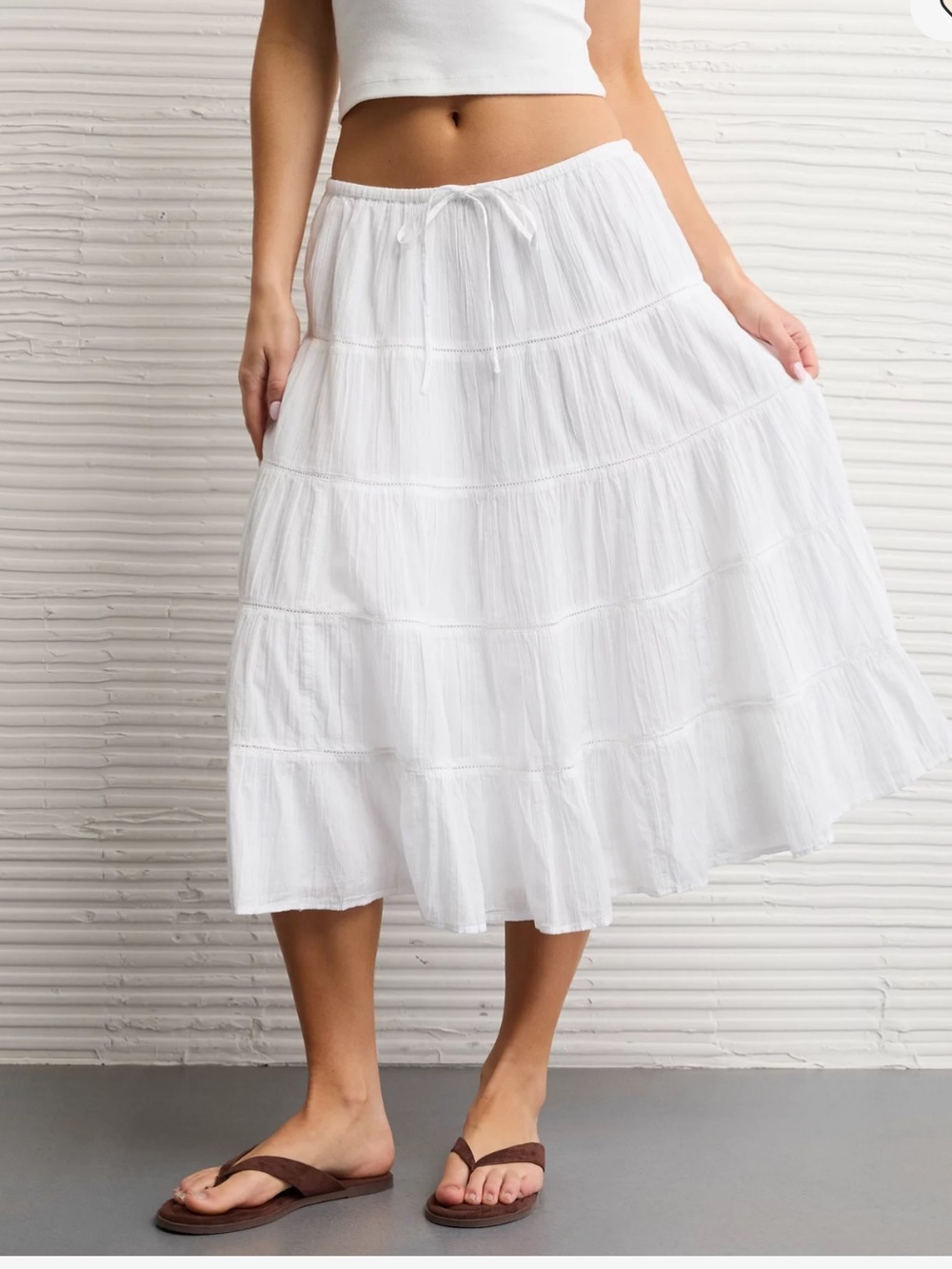 American Eagle Outfitters White Tiered Drawstring Midi Skirt